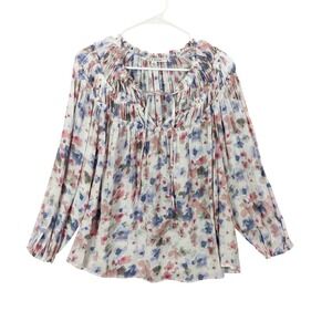 Zac & Rachel Womens Floral Overlay Peasant Ruffle Blouse Large Long Sleeve VNeck